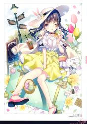 Rule 34 | 1girl, ;q, absurdres, basket, between legs, black choker, black hair, box, braid, choker, closed mouth, collarbone, collared shirt, cup, disposable cup, dress shirt, drinking straw, easter egg, egg, english text, flower, food, french text, hand between legs, hat, hat flower, highres, holding, holding food, jacket, jacket on shoulders, jewelry, lamppost, long hair, one eye closed, original, pendant, pink flower, pink footwear, puffy short sleeves, puffy sleeves, purple eyes, scan, shirt, shoes, short sleeves, sign, skirt, smile, solo, striped clothes, striped shirt, stuffed animal, stuffed rabbit, stuffed toy, suitcase, sun hat, tongue, tongue out, vertical-striped clothes, vertical-striped shirt, wasabi (sekai), white flower, white hat, white jacket, white shirt, yellow flower, yellow skirt