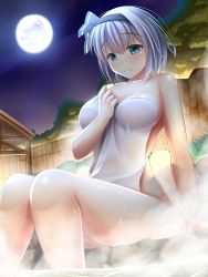 Rule 34 | 1girl, blue eyes, blush, breasts, cleavage, closed mouth, collarbone, covering privates, eyebrows, female focus, from below, full moon, grass, guardian-panda, hairband, highres, holding, konpaku youmu, large breasts, moon, naked towel, night, night sky, nude cover, onsen, short hair, silver hair, sitting, sky, smile, soaking feet, solo, star (sky), steam, sweat, touhou, towel, wooden wall