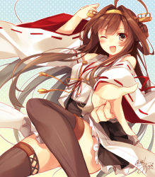 Rule 34 | 10s, 1girl, ahoge, bare shoulders, boots, brown hair, brown thighhighs, detached sleeves, double bun, hair bun, hair ornament, hairband, headgear, japanese clothes, kantai collection, kongou (kancolle), long hair, looking at viewer, nontraditional miko, one-hour drawing challenge, one eye closed, open mouth, outstretched hand, personification, pleated skirt, ribbon trim, signature, skirt, smile, solo, thigh boots, thighhighs, toosaka asagi, wink, zettai ryouiki