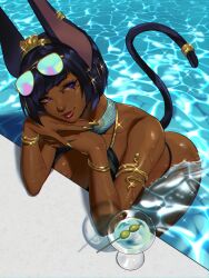 Rule 34 | 1girl, absurdres, animal ears, aviator sunglasses, bangle, bikini, black bikini, black hair, blue eyes, bow hairband, bracelet, breasts, brown lips, cocktail, cocktail glass, commentary, cowl neck, cup, dark-skinned female, dark skin, drinking glass, earrings, egyptian, elizabeth (skullworms), english commentary, eye of horus, eyewear on head, fingernails, gold hairband, gold nails, hairband, highres, jackal ears, jewelry, large breasts, looking at viewer, martini, olive, original, partially submerged, pool, poolside, sharp fingernails, short hair, skullworms, snake armband, solo, steepled fingers, sunglasses, swimsuit, wet