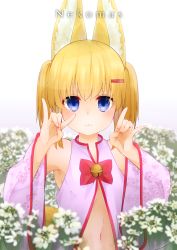 Rule 34 | 1girl, :3, animal ears, armpits, arms up, bell, blonde hair, blue eyes, detached sleeves, flower, fox ears, fox shadow puppet, fox tail, hair ornament, hairclip, highres, jingle bell, kemomimi oukoku kokuei housou, long hair, mikoko (kemomimi oukoku kokuei housou), navel, open clothes, open shirt, pink shirt, shadow puppet, shirt, smile, solo, tail, twintails, upper body, virtual youtuber