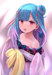 Rule 34 | 1girl, alternate hair length, alternate hairstyle, bow, bug, butterfly, collarbone, colored tips, earrings, enumiyaa, fang, flat chest, green hair, hair bow, hair bun, highres, hololive, insect, japanese clothes, jewelry, kimono, long sleeves, multicolored hair, open mouth, red eyes, simple background, single hair bun, single side bun, solo, uruha rushia, uruha rushia (new year), virtual youtuber