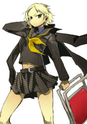 Rule 34 | 1girl, atlus, belt, black eyes, blonde hair, chair, checkered clothes, checkered skirt, folding chair, gender request, genderswap, highres, holding, jacket, jacket on shoulders, lamian (pixiv415608), midriff, persona, persona 4, scar, school uniform, short hair, simple background, skirt, solo, tatsumi kanji, white background