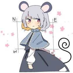 Rule 34 | 1girl, animal ears, arm behind back, black dress, blush, capelet, commentary request, dress, floral print, grey hair, heart, iroha-kuro, long hair, mouse ears, mouse tail, nazrin, red eyes, shirt, short hair, solo, tail, touhou, wavy mouth, white background, white shirt