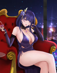 Rule 34 | 1girl, alcohol, alternate costume, armpits, bare legs, bare shoulders, blunt bangs, braid, breasts, bridal gauntlets, chair, cleavage, crossed legs, cup, detached collar, dress, drinking glass, earrings, elbow rest, evening gown, flower, genshin impact, glass table, hair flower, hair ornament, highres, holding, holding cup, jewelry, large breasts, legs, lipstick, long hair, looking at viewer, low-braided long hair, low-tied long hair, makeup, mole, mole under eye, nail polish, necklace, night, night sky, parted lips, purple dress, purple flower, purple footwear, purple hair, purple nails, raiden shogun, red lips, sideboob, sky, smitcuk, solo, spaghetti strap, table, thighs, window, wine glass