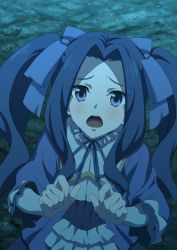 Rule 34 | 1girl, blue bow, blue dress, blue eyes, blue hair, blue ribbon, blush, bow, commentary request, dbmaster, dress, eyes visible through hair, forehead, hair bow, hair intakes, hair ornament, hair ribbon, hands up, highres, long hair, long sleeves, looking at viewer, melty q melromarc, neck ribbon, open mouth, outdoors, parted bangs, ribbon, solo, standing, tate no yuusha no nariagari, teeth, twintails, upper teeth only, very long hair