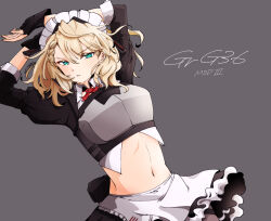 Rule 34 | 1girl, arms up, blonde hair, blush, citron80citron, g36 (girls&#039; frontline), girls&#039; frontline, green hair, grey background, highres, looking at viewer, maid, miniskirt, mod3 (girls&#039; frontline), navel, short hair, skirt, solo