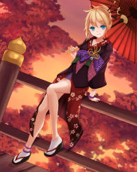 Rule 34 | 1girl, ankle socks, anklet, aqua eyes, blonde hair, bracelet, cell (diox), dutch angle, hair ornament, hair up, hairpin, highres, japanese clothes, jewelry, kagamine rin, looking at viewer, oil-paper umbrella, project diva (series), project diva f, sakura moon (module), sandals, sitting, socks, solo, sunset, tabi, tengaku (vocaloid), tree, umbrella, vocaloid