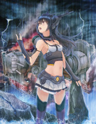 Rule 34 | 10s, 1girl, bad id, bad pixiv id, bare shoulders, black gloves, black hair, chrone, cloud, dark clouds, dark sky, elbow gloves, electricity, fingerless gloves, gloves, headgear, highres, kantai collection, lightning, long hair, looking up, machinery, midriff, nagato (kancolle), open mouth, overcast, pleated skirt, rain, red eyes, skirt, sky, solo, storm, thighhighs, torn clothes, torn gloves, torn skirt, white skirt, zettai ryouiki