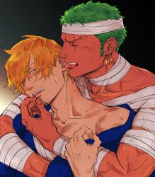 Rule 34 | 2boys, bandaged chest, beard, blonde hair, blue eyes, blue shirt, bondage outfit, cigarette, closed eyes, colored skin, ear licking, earrings, facial hair, flustered, green hair, highres, hug, hug from behind, jewelry, kzwtr8, licking, male focus, mature male, multiple boys, one piece, roronoa zoro, sanji (one piece), scar, scar on face, shirt, short hair, single earring, sweat, tan, teeth, thick arms, tongue, upper teeth only, white skin, yaoi