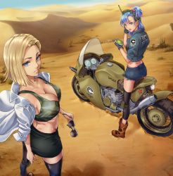 Rule 34 | 2girls, absurdres, alternate hair color, android 18, arms at sides, ass, asymmetrical bangs, black legwear, blonde hair, blue eyes, blue hair, boots, breasts, brown footwear, bulma, cactus, capsule corp, character name, cleavage, collared shirt, crop top, cutoffs, day, desert, dragon ball, dragon radar, dragonball z, eyelashes, unworn eyewear, feet out of frame, female focus, fingerless gloves, gloves, gun, hair bobbles, hair ornament, hands up, headphones, highres, holding, holding removed eyewear, jacket, kerana art, knee pads, large breasts, looking at another, looking at viewer, looking back, machine gun, matching hair/eyes, medium hair, midriff, miniskirt, motor vehicle, motorcycle, multiple girls, open clothes, open mouth, open shirt, outdoors, panties, panty peek, parted lips, pencil skirt, pink panties, sand, sand dunes, shirt, short shorts, shorts, side ponytail, single knee pad, sitting, sitting on motorcycle, skirt, sky, standing, star (symbol), strap gap, sunglasses, tank top, thighhighs, underwear, weapon, white shirt, wind, zettai ryouiki