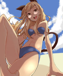 Rule 34 | 1girl, beach, bikini, blonde hair, blue bikini, blush, breasts, day, female focus, glasses, groin, highres, medium breasts, navel, outdoors, perrine h. clostermann, sky, smile, solo, strike witches, suo (sndrta2n), swimsuit, world witches series, yellow eyes
