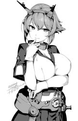 Rule 34 | 1girl, 2019, arm under breasts, artist name, black jacket, black skirt, breasts, chain, chrysanthemum, cleavage, closed mouth, collar, dated, finger to mouth, flipped hair, flower, gloves, greyscale, hair between eyes, headgear, jacket, kantai collection, large breasts, looking at viewer, metal belt, metal collar, midriff, monochrome, mutsu (kancolle), mutsu kai ni (kancolle), pleated skirt, rokuwata tomoe, short hair, simple background, skirt, smile, solo, twitter username, upper body, white background, white gloves
