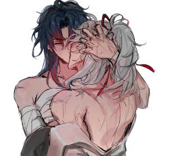 Rule 34 | 2boys, bandaged chest, black hair, blade (honkai: star rail), blush, closed eyes, facing another, grey hair, half updo, highres, honkai: star rail, honkai (series), jing yuan, kiss, multiple boys, ponytail, primnolegal, red hair, sketch, topless male, white background, yaoi