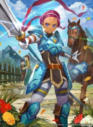 Rule 34 | 1girl, armor, armored boots, blue eyes, boots, company name, dark skin, dark-skinned female, day, faceless, faceless female, fiona (fire emblem), fire emblem, fire emblem: radiant dawn, fire emblem cipher, flower, gloves, grass, hairband, helmet, hmk84, horse, mountain, nintendo, official art, petals, pink hair, polearm, sky, solo, solo focus, spear, weapon