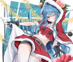 Rule 34 | 1girl, absurdres, belt, black belt, black gloves, blue hair, box, christmas, closed mouth, collarbone, gift, gift box, gloves, highres, hinanawi tenshi, holding, holding sack, long hair, navel, one eye closed, pom pom (clothes), red eyes, sack, santa costume, smile, solo, thighhighs, tongue, tongue out, touhou, tsune (tune), white thighhighs