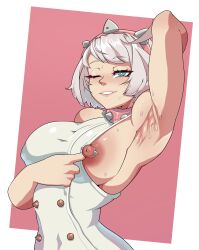 Rule 34 | 1girl, aqua eyes, areola slip, arm up, armpits, arms behind head, bare shoulders, blush, breasts, byme (bymetalala), clothing aside, collar, dress, dress aside, elphelt valentine, eyebrows, eyelashes, female focus, grin, guilty gear, guilty gear strive, hairband, half-closed eye, large breasts, lips, looking at viewer, naughty face, nipple piercing, nipple slip, nipples, nose, one eye closed, piercing, pink background, pink collar, presenting, short hair, simple background, sleeveless, sleeveless dress, smile, solo, spiked collar, spiked hairband, spikes, teeth, two-tone background, upper body, white background, white dress, white hair, wink