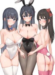 Rule 34 | 3girls, absurdres, animal ears, arms behind back, ass, bare shoulders, black bow, black bowtie, black hair, black leotard, blue bow, blue bowtie, blue eyes, blush, bow, bowtie, breasts, brown pantyhose, cleavage, closed mouth, covered navel, detached collar, fake animal ears, frilled bow, frills, garter straps, gluteal fold, hair bow, hair ornament, hairclip, highres, hirokawa uzuki, honome sui, large breasts, leotard, long hair, looking at viewer, makinohara shouko, multiple girls, pantyhose, pink leotard, pink thighhighs, playboy bunny, purple eyes, rabbit ears, red bow, sakurajima mai, seishun buta yarou, sideboob, simple background, smile, solo, standing, thigh gap, thighhighs, white background, white leotard, white thighhighs