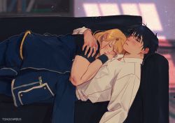 Rule 34 | 1boy, 1girl, aiguillette, amestris military uniform, bad id, bad pixiv id, black hair, blonde hair, blue jacket, blue pants, blush, bookshelf, closed eyes, collared shirt, couch, couple, cowboy shot, day, earrings, from side, fullmetal alchemist, hair behind ear, hand on another&#039;s shoulder, hetero, highres, hug, indoors, jacket, jewelry, long sleeves, lying, lying on person, on back, on couch, on stomach, pants, raicchi (raicchi96), riza hawkeye, roy mustang, shirt, short hair, short sleeves, sleeping, stud earrings, tight clothes, tight shirt, toned, twitter username, unworn jacket, window shadow, wristband