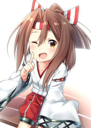 Rule 34 | 10s, 1girl, ariel23795, brown eyes, brown hair, hachimaki, headband, high ponytail, japanese clothes, kantai collection, kimono, long hair, long sleeves, one eye closed, open mouth, red shorts, shorts, sitting, smile, solo, white kimono, wide sleeves, zuihou (kancolle)