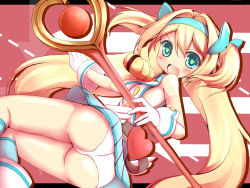 Rule 34 | 1girl, arc system works, ass, bell, blazblue, blazblue: continuum shift, blonde hair, blush, gloves, godharo1, green eyes, hairband, heart, heart-shaped pupils, highres, long hair, looking at viewer, open mouth, panties, platinum the trinity, quad tails, staff, symbol-shaped pupils, underwear, very long hair, weapon