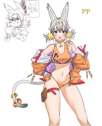 Rule 34 | 1girl, absurdres, alucard pie, animal ear piercing, animal ears, bandaid, blush, bone necklace, breasts, character name, cleavage, commentary, crop top, crossed bangs, doodle inset, english commentary, feet out of frame, gem, gold necklace, grey eyes, grey hair, grey tail, hand on own hip, hand up, highres, hikimayu, holding, holding paper, index finger raised, jacket, jacket partially removed, jewelry, large breasts, long sleeves, looking at viewer, medium hair, multiple views, navel, necklace, open clothes, open jacket, open mouth, orange jacket, orange panties, original, panties, paper, pouch, red gemstone, simple background, single bare leg, tag, tail, tail ornament, tail ring, tank top, teeth, thigh pouch, underwear, upper teeth only, white background