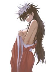 Rule 34 | 1girl, bare shoulders, black hair, blue eyes, breasts, covering privates, covering breasts, eyelashes, fushiguro megumi, genderswap, genderswap (mtf), hair between eyes, head tilt, highres, japanese clothes, jujutsu kaisen, kimono, large breasts, long hair, looking to the side, makababazi, nail polish, naked kimono, off shoulder, parted lips, pink nails, simple background, solo, very long hair, white background, wide sleeves