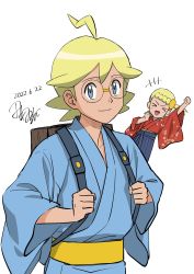 Rule 34 | &gt; &lt;, +++, 1boy, 1girl, ahoge, arm up, backpack, bag, blonde hair, blue eyes, blue kimono, bonnie (pokemon), brother and sister, brown bag, clemont (pokemon), clenched hands, closed mouth, commentary request, creatures (company), dated, game freak, glasses, grey skirt, hakama, hakama skirt, highres, holding strap, japanese clothes, kimono, looking at viewer, nintendo, one-hour drawing challenge, pokemon, pokemon (anime), pokemon xy (anime), red kimono, round eyewear, sash, short hair, siblings, signature, skirt, smile, tamura (kouititamura), yellow sash