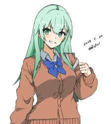 Rule 34 | 1girl, absurdres, aqua hair, bigkwl, blue bow, blue bowtie, bow, bowtie, cardigan, collared shirt, dated, green eyes, hair ornament, hairclip, highres, kantai collection, long hair, official alternate costume, one-hour drawing challenge, pink cardigan, shirt, simple background, smile, solo, suzuya (kancolle), twitter username, white background