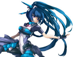 armor artist_request black_legwear blue_hair bodysuit hair_ornament honda_futayo kyoukaisenjou_no_horizon long_hair ponytail purple_eyes