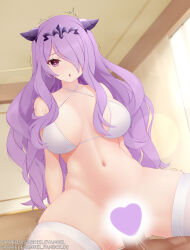 Rule 34 | 1boy, 1girl, absurdres, bed, bikini, black tiara, breasts, camilla (fire emblem), cowgirl position, female ejaculation, fire emblem, fire emblem fates, from below, gabriel evangel, hair ornament, hair over one eye, heart, heart-shaped pupils, highres, horn ornament, horns, large breasts, long hair, looking at viewer, navel, nintendo, pov, sailor collar, sex, split, spread legs, straddling, string bikini, swimsuit, symbol-shaped pupils, thighhighs, tiara, white thighhighs