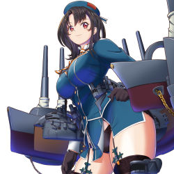 Rule 34 | ascot, beret, black gloves, black hair, black panties, black thighhighs, blue hat, blue jacket, blue skirt, breasts, cannon, garter straps, gloves, hand on own hip, hat, highres, jacket, kantai collection, large breasts, long sleeves, looking at viewer, machinery, military, military uniform, miniskirt, moke ro, panties, red eyes, rigging, short hair, simple background, skirt, smile, smokestack, solo, takao (kancolle), thighhighs, turret, underwear, uniform, white background