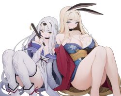 Rule 34 | 2girls, animal ears, bare shoulders, black choker, black ribbon, blonde hair, blue eyes, blue kimono, blush, breast envy, breasts, choker, closed mouth, eyes visible through hair, folding fan, grey hair, hand fan, holding, holding fan, japanese clothes, kimono, large breasts, long hair, mole, mole under eye, multiple girls, open mouth, original, panties, patterned, patterned clothing, rabbit (wlsdnjs950), rabbit ears, red ribbon, ribbon, simple background, sitting, skindentation, thighhighs, underwear, very long hair, white background, white legwear, yellow eyes