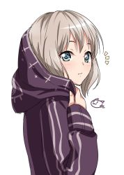 Rule 34 | 1girl, ^^^, aoba moca, bang dream!, blonde hair, blue eyes, blush, closed mouth, double vertical stripe, from side, hood, hood up, hoodie, long sleeves, looking to the side, nyanmaru (ememing), short hair, simple background, sleeves past wrists, smiley face, solo, tareme, upper body, wavy mouth, white background