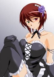 Rule 34 | 00s, 1girl, bare shoulders, blush, breasts, brown hair, choker, cleavage, elbow gloves, flower, gloves, hair flower, hair ornament, heterochromia, large breasts, aged up, rozen maiden, short hair, solo, souseiseki, thighhighs