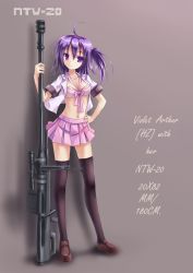 Rule 34 | 1girl, :o, ahoge, anti-materiel rifle, bipod, black thighhighs, bolt action, bra, breasts, character name, cleavage, denel land systems, gun, hand on own hip, highres, hip focus, lingerie, ntw-20, original, purple eyes, purple hair, ribbon, rifle, scope, shadow, side ponytail, skirt, sniper rifle, solo, thighhighs, underwear, violet arthur, weapon, zi se