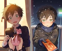 Rule 34 | 2boys, black jacket, blush, brown coat, brown hair, buttons, candy, chocolate, chocolate bar, coat, commentary request, curtains, food, gift bag, gloves, green eyes, hair between eyes, hand up, head tilt, highres, holding, holding chocolate, holding food, incoming gift, indoors, jacket, looking at viewer, male focus, multiple boys, night, open mouth, original, outdoors, pillow (nutsfool), pov, ribbon, scarf, shirt, short hair, snow, snowing, solo focus, sweat, sweatdrop, tongue, valentine, window