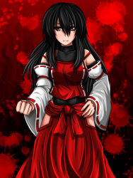 Rule 34 | 1girl, black hair, breasts, clenched hand, detached sleeves, foreshortening, frown, hakama, hakama short skirt, hakama skirt, hand on own hip, highres, impossible clothes, impossible leotard, impossible vest, japanese clothes, leotard, long hair, looking at viewer, m.u.g.e.n, original, red background, red eyes, sendai hakurei no miko, skirt, skirt set, solo, suikyou (aqua cities), touhou, vest