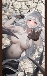 Rule 34 | arthropod limbs, black gloves, blush, clarice (isekai: slow life), gloves, insect girl, isekai: slow life, pearls necklace, red eyes, silk, spider girl, spider web, white hair, white roses