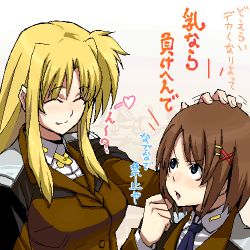Rule 34 | 00s, 2girls, :o, ^ ^, blonde hair, blush, breasts, closed eyes, fate testarossa, hair ornament, hairclip, headpat, heart, large breasts, long sleeves, lowres, lyrical nanoha, mahou shoujo lyrical nanoha, mahou shoujo lyrical nanoha strikers, multiple girls, nikiro, open mouth, short hair, simple background, text focus, uniform, upper body, white background, yagami hayate