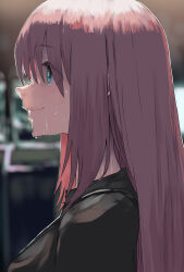 Rule 34 | 1girl, black shirt, blue eyes, blurry, blurry background, bocchi the rock!, closed mouth, eyes visible through hair, from side, gotoh hitori, highres, long hair, looking ahead, pink hair, portrait, profile, sawarakajin, shirt, solo, sweat