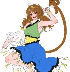 Rule 34 | 1girl, absurdres, blue dress, brown hair, collarbone, detached sleeves, dress, green dress, highres, kuya (hey36253625), long hair, low twintails, monkey tail, multicolored clothes, multicolored dress, open mouth, red eyes, ruyi jingu bang, simple background, single-shoulder dress, single detached sleeve, smile, solo, son biten, tail, touhou, twintails, unfinished dream of all living ghost, white background, white sleeves, yellow dress