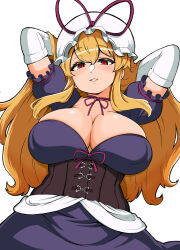 Rule 34 | 1girl, absurdres, arms behind head, breasts, cleavage, colorized, elbow gloves, gloves, hat, hat ribbon, highres, himajin noizu, huge breasts, long hair, looking at viewer, mob cap, parted lips, ribbon, ringed eyes, short sleeves, simple background, smile, solo, touhou, upper body, yakumo yukari