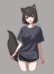 Rule 34 | 1girl, :d, absurdres, animal ear fluff, animal ears, black shirt, brown hair, dolphin shorts, ellu, fang, grey background, highres, open mouth, original, red eyes, shirt, short hair, short shorts, short sleeves, shorts, simple background, smile, tail