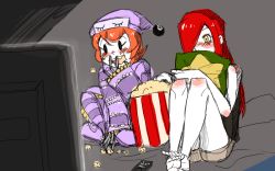 Rule 34 | 2girls, animated, animated gif, artist request, barefoot, blush, food, hair over one eye, hat, hugging own legs, knees to chest, long hair, mechanical arms, multiple girls, non-web source, hugging object, orange hair, pajamas, parasoul (skullgirls), peacock (skullgirls), pillow, pillow hug, popcorn, red hair, short shorts, shorts, skullgirls, star (symbol), television, watching television, yellow eyes
