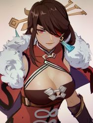 Rule 34 | 1girl, bare shoulders, beidou (genshin impact), breasts, brown hair, chinese clothes, cleavage, closed mouth, earrings, eyepatch, fur collar, genshin impact, gloves, hair ornament, hair stick, hairpin, highres, jewelry, large breasts, long hair, looking at viewer, mistermagnolia, one eye covered, colored eyepatch, red eyes, single earring, smile, solo