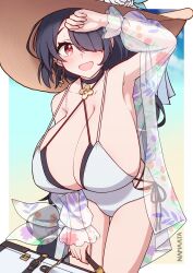 Rule 34 | 1girl, absurdres, black choker, black hair, blue archive, blush, breasts, briefcase, brown hat, choker, cleavage, commission, cross, cross earrings, day, earrings, floral print, flower, hair over one eye, hat, hat flower, highres, hinata (blue archive), hinata (swimsuit) (blue archive), holding, huge breasts, jewelry, long hair, long sleeves, looking at viewer, namaata, one-piece swimsuit, open mouth, outdoors, red eyes, signature, single earring, skeb commission, solo, sun hat, sweat, swimsuit, white flower, white one-piece swimsuit