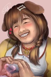 Rule 34 | 1boy, absurdres, animal ears, asian, blush, braid, brown hair, catjeady, chinese commentary, collar, commentary request, dimple, dog ears, facial hair, fat, fat man, genderswap, genderswap (ftm), grin, half-closed eyes, heart, heart hands, highres, hololive, inugami korone, inugami korone (1st costume), lips, looking at viewer, low twin braids, male focus, pink background, puffy chest, raglan sleeves, realistic, shirt, signature, simple background, smile, teeth, twin braids, upper body, virtual youtuber, white shirt