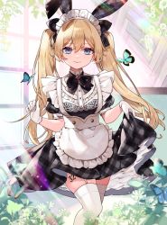 Rule 34 | 1girl, animal ears, apron, black bow, black bowtie, blonde hair, blue eyes, bow, bowtie, breasts, brooch, bug, butterfly, buttons, closed mouth, dress, frills, garter straps, gloves, hand up, indoors, insect, jewelry, leg tattoo, long hair, maid apron, maid headdress, number tattoo, original, puffy short sleeves, puffy sleeves, rabbit ears, saku nosuke, short sleeves, skirt hold, small breasts, smile, solo, standing, sunlight, tattoo, thighhighs, twintails, white gloves, white thighhighs