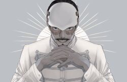 Rule 34 | 1boy, bad id, bad twitter id, black hair, commentary request, evil smile, facial hair, forehead protector, golden kamuy, grey background, hair slicked back, interlocked fingers, jacket, looking at viewer, male focus, military uniform, mustache, oppaipai, scar, scar on face, smile, solo, tsurumi tokushirou, uniform, upper body, white jacket